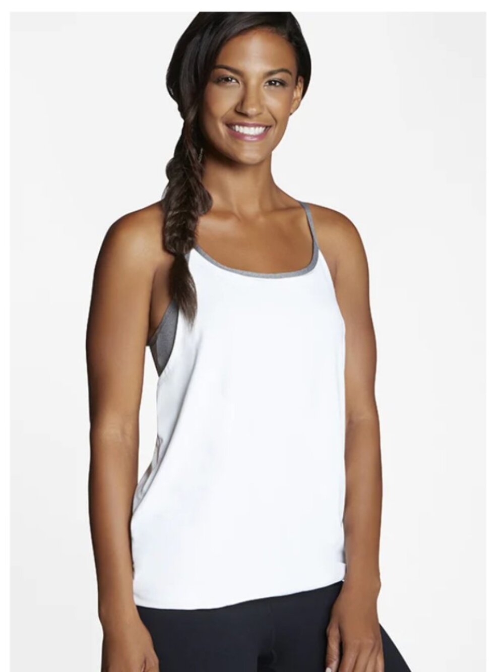 Fabletics “Norwalk” White and Grey Layered Racerback Tank with Built-In Bra - Picture 2 of 11